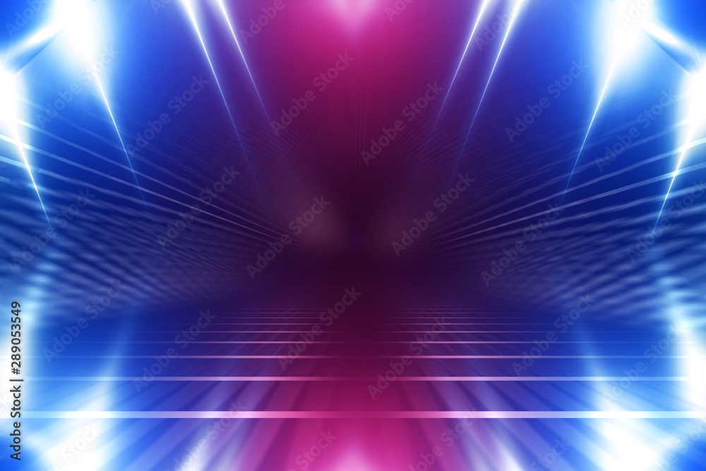 Obraz premium Empty background scene. Dark street reflection on wet asphalt. Rays of neon light in the dark, neon shapes, smoke. Background of an empty stage show. Abstract dark background. 3d illustration