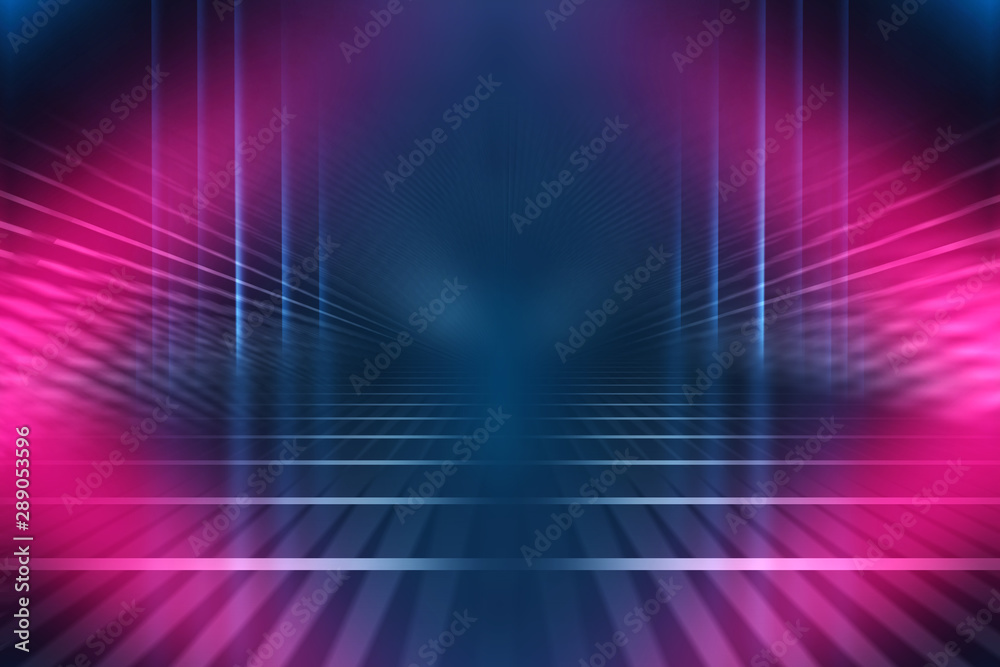 Empty background scene. Dark street reflection on wet asphalt. Rays of neon light in the dark, neon shapes, smoke. Background of an empty stage show. Abstract dark background. 3d illustration Empty background scene. Dark street reflection on wet asphalt. Rays of neon light in the dark, neon shapes, smoke. Background of an empty stage show. Abstract dark background. 3d illustration