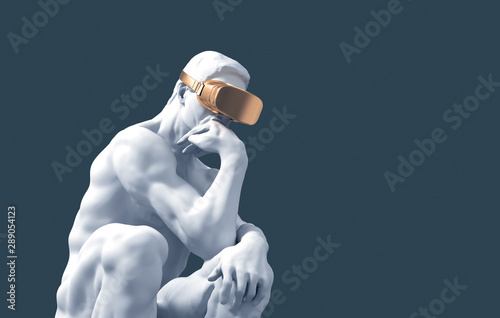 Sculpture Thinker With Golden VR Glasses On Blue Background photo