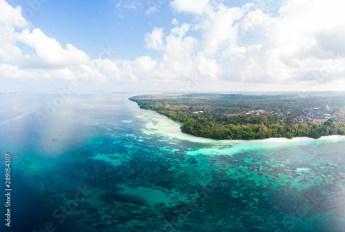 Aerial view tropical beach island reef caribbean sea at Kei Island, Indonesia Moluccas archipelago. Top travel destination, best diving snorkeling, stunning panorama.