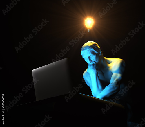 Fotografía Sculpture Thinker Illuminated By Laptop Screen And Glowing Light Bulb Over His H