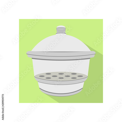 Vector flat illustration of scientific laboratory vacuum desiccator used for preserving moisture sensitive items and substances. Flat icon of chemistry glassware on a green background with dark shadow