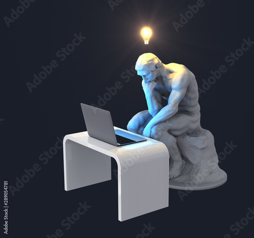 Sculpture Thinker With Laptop And Glowing Light Bulb Over His Head As Symbol Of New Idea photo