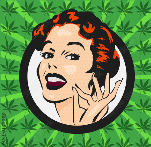 Smiling woman on cannabis leaf background