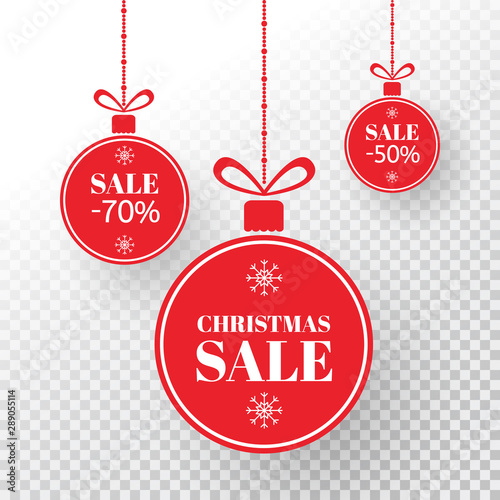 Christmas label. Red xmas balls with sign sale, special offer. Merry Christmas and New Year balls sale. Holiday design elements on transparent background. Vector illustration