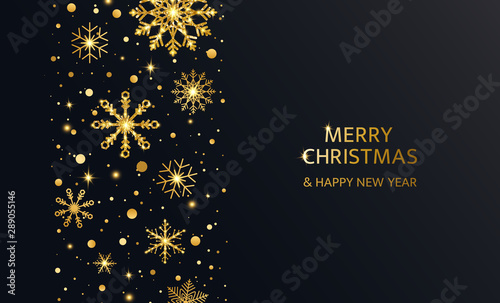 Glitter snowflakes and snow background with shining stars. Sparkling gold snowflakes with glittering texture for holiday banner, poster, invitation. Merry Christmas card. Vector ilustration