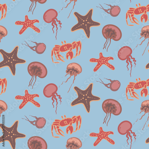 Underwater world. Vector seamless pattern with starfishes, crabs, jellyfishes, which floating under water.