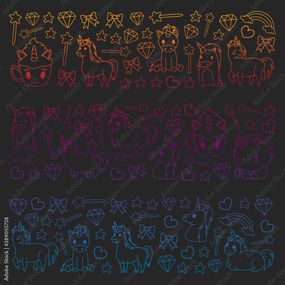 Children pattern with fairy tale unicors for kids clothes, posters, banners, shirts. Vector image with cartoon character. Children pattern with fairy tale unicors for kids clothes, posters, banners, shirts. Vector image with cartoon character.