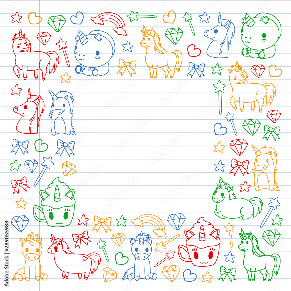 Children pattern with fairy tale unicors for kids clothes, posters, banners, shirts. Vector image with cartoon character. Children pattern with fairy tale unicors for kids clothes, posters, banners, shirts. Vector image with cartoon character.