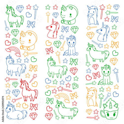Children pattern with fairy tale unicors for kids clothes, posters, banners, shirts. Vector image with cartoon character.
