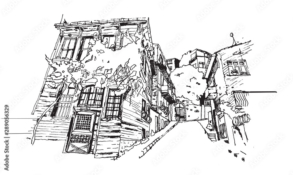 Drawing sketch of Balat district in Istanbul