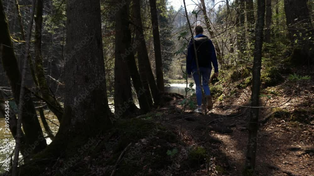 Girl hiking through forest near the river exploring Girl hiking through forest near the river exploring