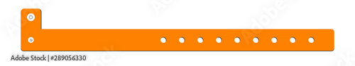 Vector cheap plastic orange empty bracelet or wristband. L shape pvc vinyl material with safety lock. Hand entrance festival or bracelet isolated on white. Template suitable for identification.