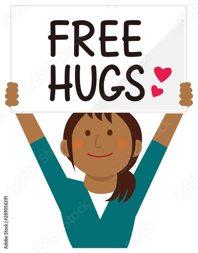 Cartoon young woman holding a free hugs placard. Flat vector illustration.