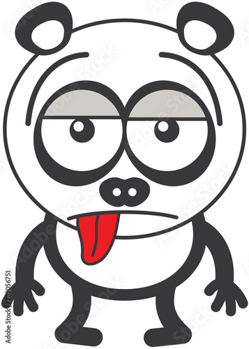 Cute panda bear with rounded ears and black rings around eyes while sticking its tongue out and showing a sad apathetic attitude as for saying "I have enough"