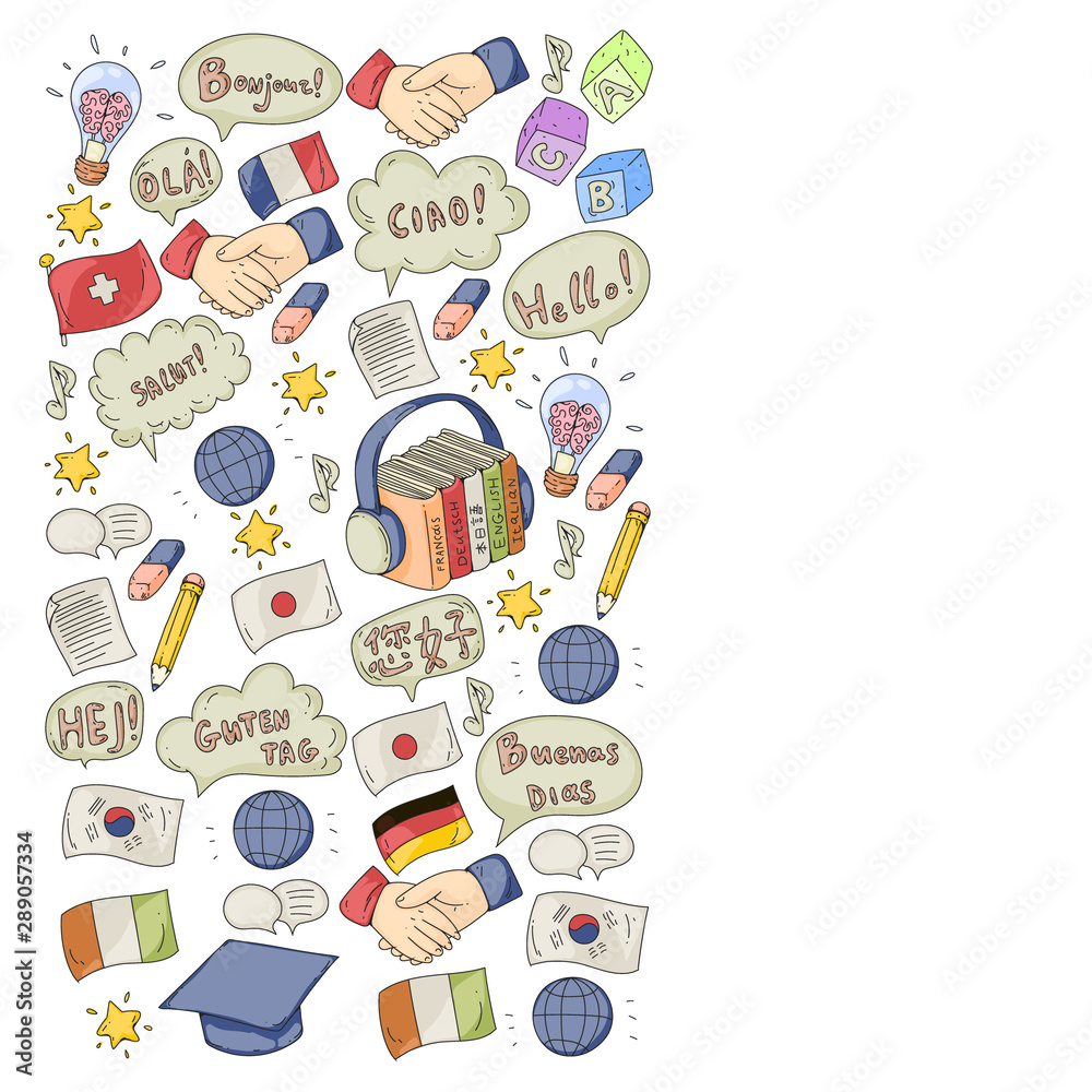 Vector pattern for language class, online courses. English, arabic, italian, japanese, spanish, chinese, german. Vector pattern for language class, online courses. English, arabic, italian, japanese, spanish, chinese, german.
