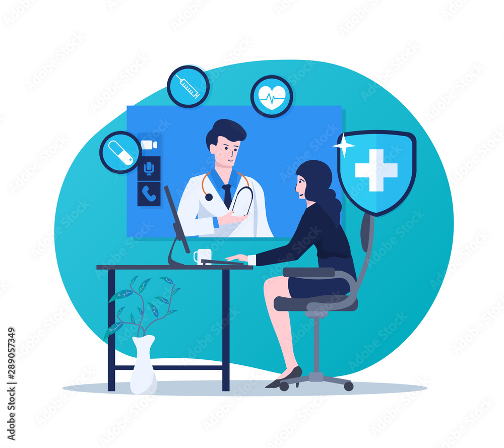 Woman having an online consultation with professional doctor on a computer. Illustration of medical technology, healthcare and online doctor consultation concept Woman having an online consultation with professional doctor on a computer. Illustration of medical technology, healthcare and online doctor consultation concept