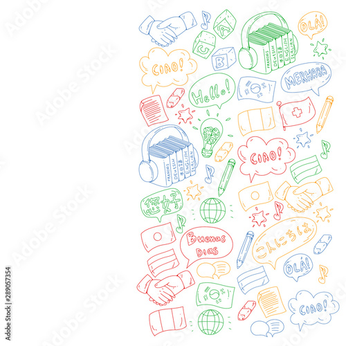 Vector pattern for language class, online courses. English, arabic, italian, japanese, spanish, chinese, german.