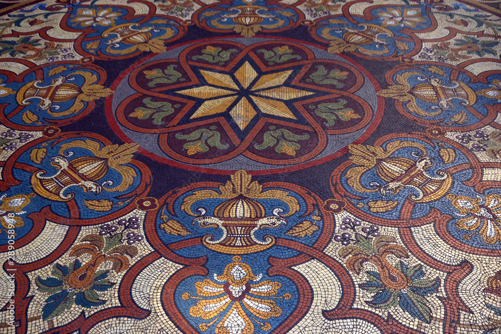 Discovery of the Stock Exchange Palace (Palácio da Bolsa - 1834) of Porto city, august 2015 21th. Detail of the Pátio das Nações (Court of nations), the courtyard of the palace : the ground in mosaic.