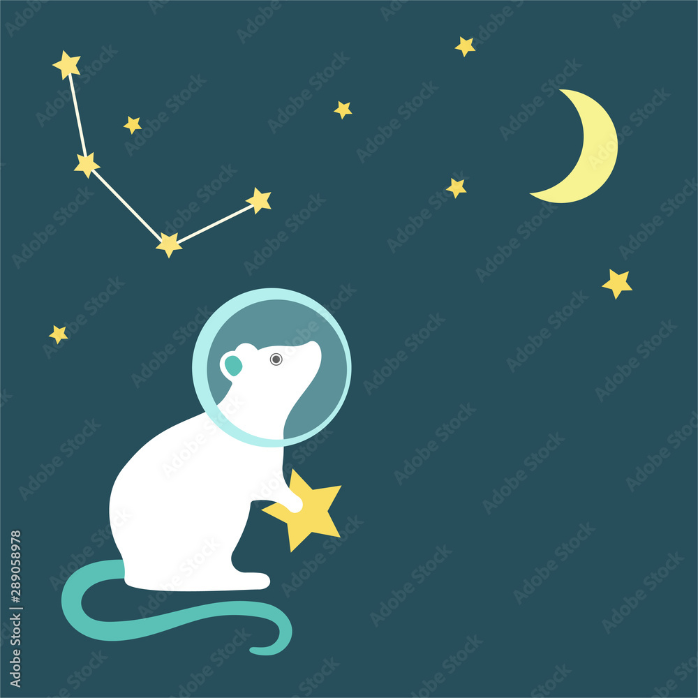 Rat astronaut in a spacesuit looks at the sky with the moon, month and rat constellation Rat astronaut in a spacesuit looks at the sky with the moon, month and rat constellation