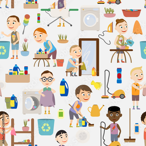 Seamless pattern cute boys doing housework. Boys throw out garbage, wash dishes, wash clothes, vacuum clean, iron clothes, wipe mirrors, water flowers and do cleaning. Flat cartoon vector