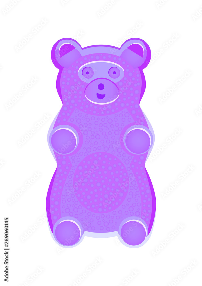 Fototapeta premium Vector detailed illustration of violet or purple gummy bear or jelly bear. Fairytale candy. Childlike bear isolated on a white background. Illustration can be also used as a plush toy for children.