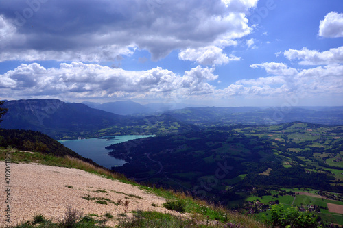Aiguebelette' lake, view from the Alps (France) : landscape with mountains and blue sky