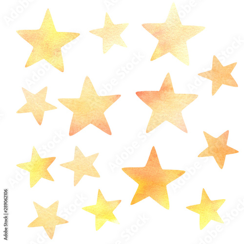 Set of stars isolated on white background. Watercolor illustration. Perfect for making patterns, wrapping, childen textile, templates, wallpaper.