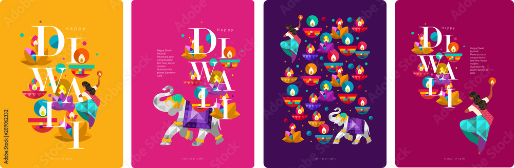 Happy Diwali. Indian festival of lights. Vector abstract flat illustration for the holiday, lights, elephant, Indian woman and other objects for background or poster.