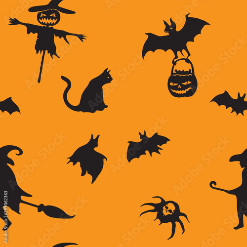 Halloween orange festive seamless pattern. Endless background with pumpkins, skulls, bats, spiders, ghosts, bones, candies, spider web and speech bubble with boo