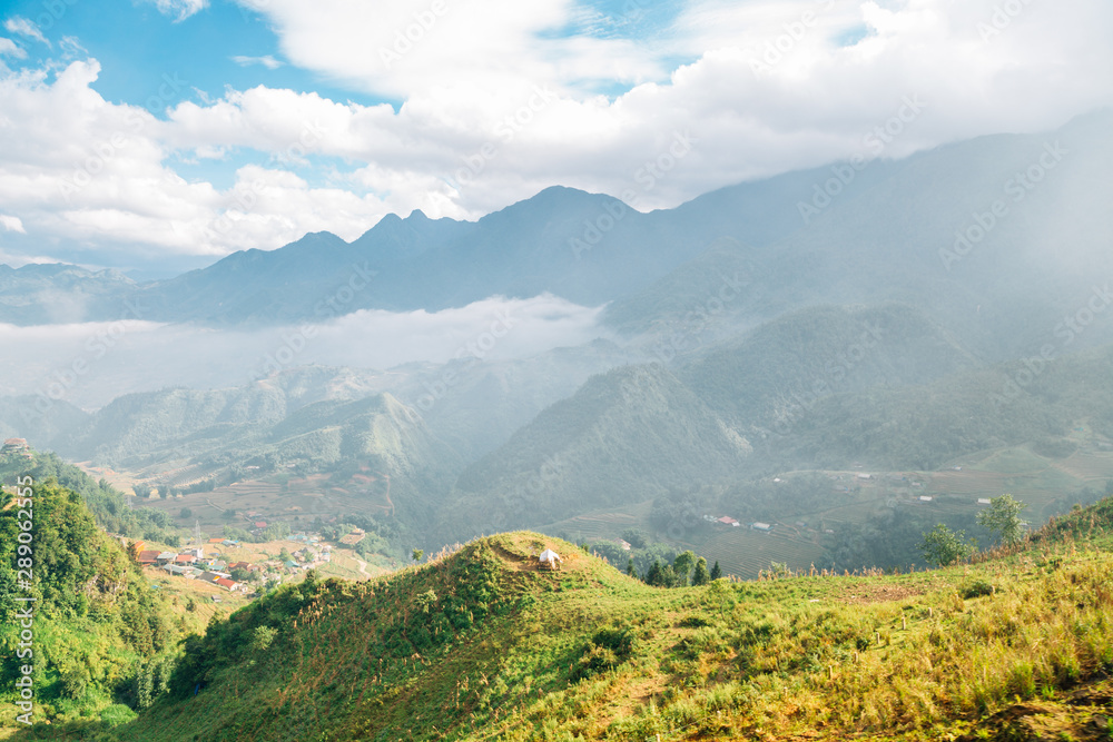 Fansipan mountain and Sapa countryside village from Fansipan tram in Vietnam