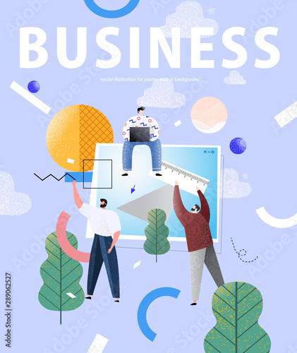 Creative in business. Vector abstract illustration of businessmen working as a team to create a design, strategy and plan for success in marketing and advertising. People in the office at the computer