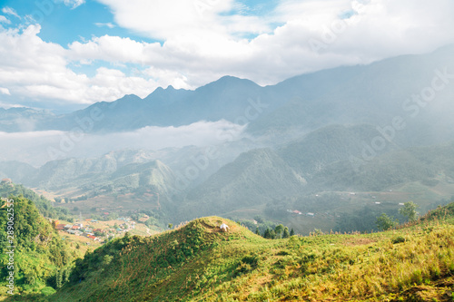 Fansipan mountain and Sapa countryside village from Fansipan tram in Vietnam