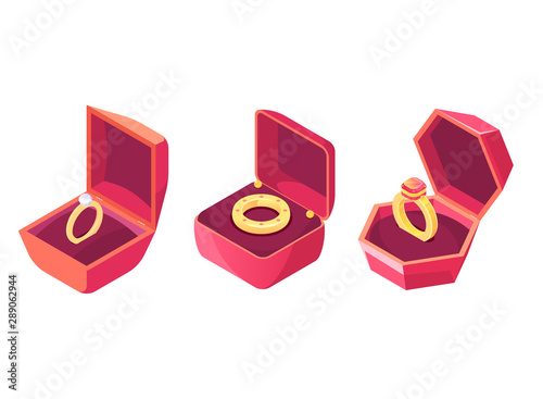 Wedding, engagement gold ring inlaid precious stone, diamond or ruby in opened red case isolated, isometric vector set. Anniversary, valentine celebration precious gift, romantic present illustration