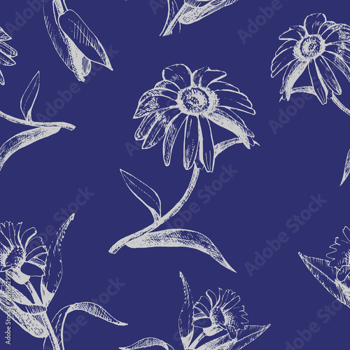 Vector seamless pattern of flowers drawn with ink and pen.