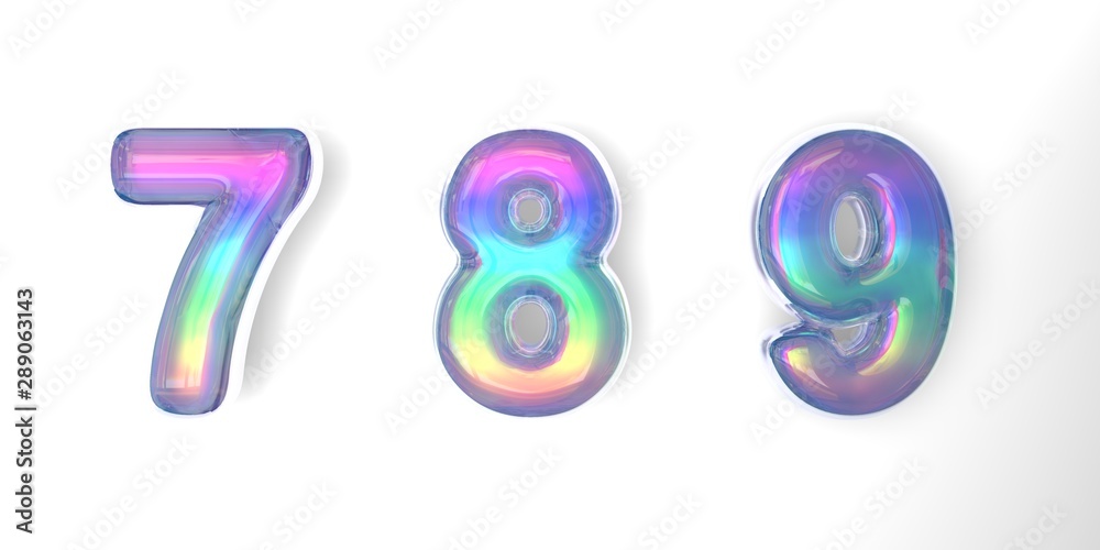 3D text of the letter 789 in the style of soap bubbles with a rainbow ...