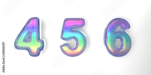 3D text of the letter 456 in the style of soap bubbles with a rainbow tint on a white background