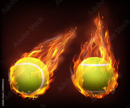 Tennis balls flying in fire, falling in flames side, front view, isolated 3d realistic vector illustrations. Racket sport inventory store ad, tennis competition or tournament promotion design element