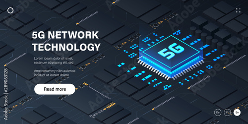 5G network processor illustration. Mobile wireless internet of next generation. Isometric futuristic hi-tech smartphone with big letters. Web page design template