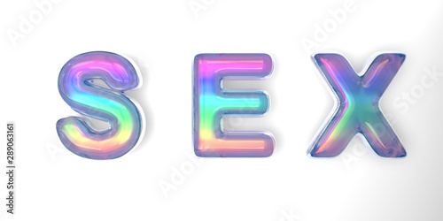 3D text of the letter sex in the style of soap bubbles with a rainbow tint on a white background