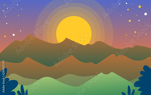 flat illustration of a sunrise between the beautiful mountains. vector illustration with gradient color. for background website card and wallpaper.