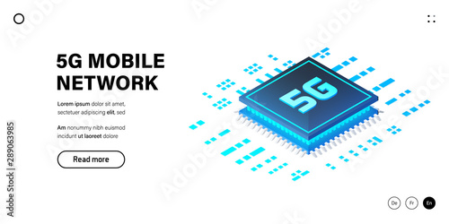 5G network processor illustration. Mobile wireless internet of next generation. Isometric futuristic hi-tech smartphone with big letters. Web page design template