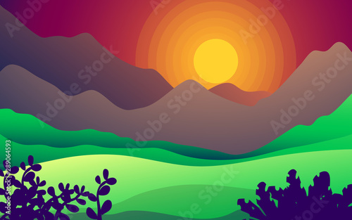 flat illustration of a sunrise between the beautiful mountains. vector illustration with gradient color. for background  website  card  and wallpaper. © badrus