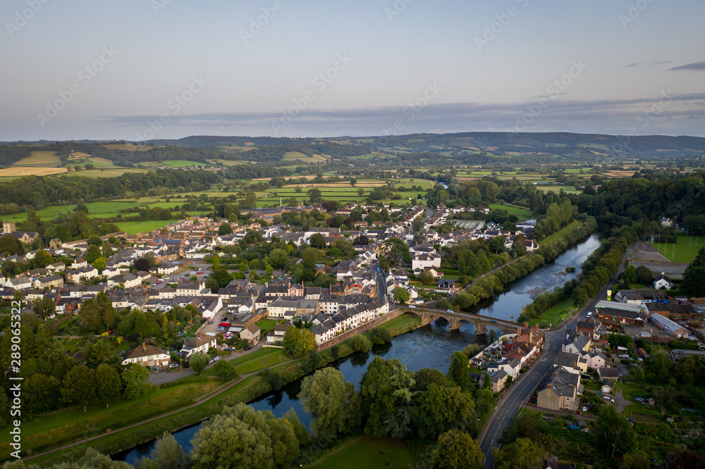 Aerial view of the Old Road Bridge over the River Usk at Usk in monmouthshire South Wales