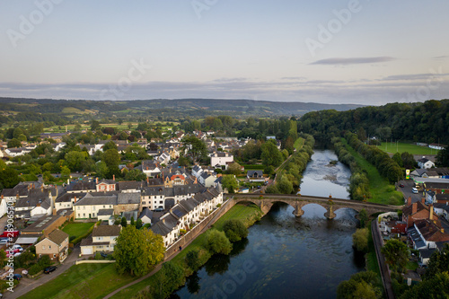 Aerial view of the Old Road Bridge over the River Usk at Usk in monmouthshire South Wales