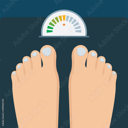 Feet on weighing scales. Character stand on a weight scale. Concept of weight loss, diet and healthy lifestyle. Flat design. Part of set.