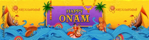 illustration of colorful holiday banner background for Happy Onam religious festival of South India Kerala