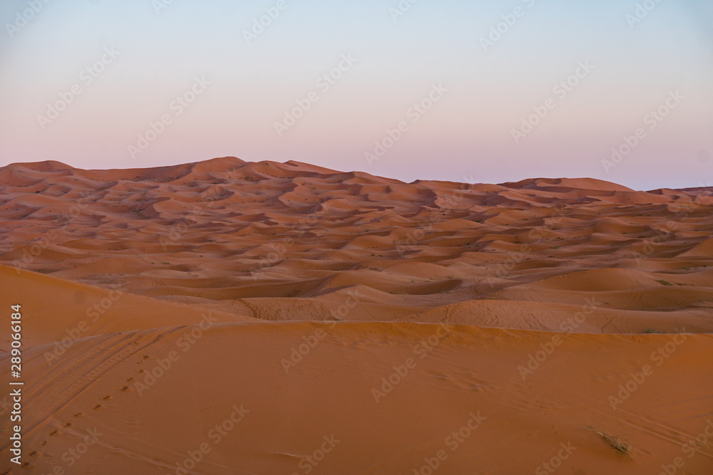 Gorgeous and scenic desert scene with the moon crescent high above beautiful sand dunes Erg Chebbi, Morocco, Merzouga