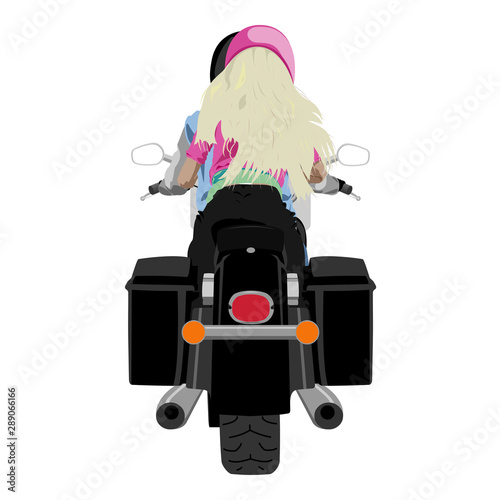 Touring motorcycle with rider and blond hair girl passenger rear view isolated on white vector illustration