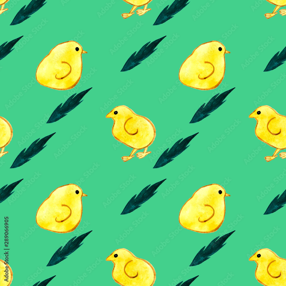 Seamless pattern with hand-drawn chickens on a beautiful green background Seamless pattern with hand-drawn chickens on a beautiful green background